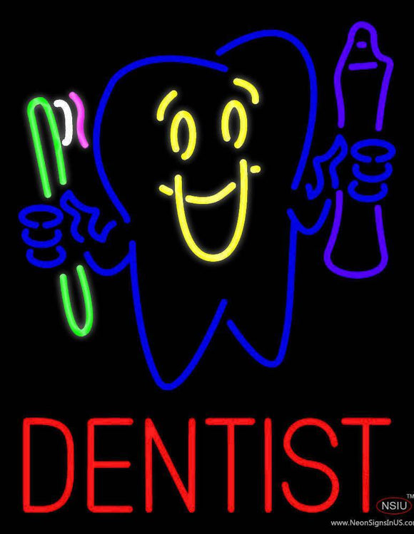 Dentist  Tooth Logo with Brush and Paste Handmade Art Neon Sign