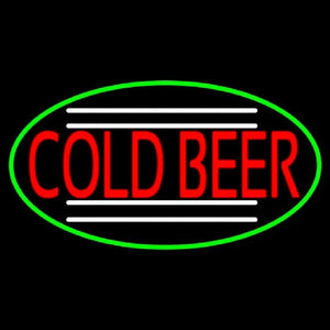 Red Cold Beer Oval With Green Border Handmade Art Neon Sign