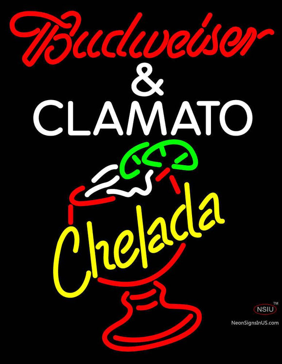 Red Budweiser and Clamato Chelada Neon Beer Sign