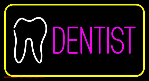 Pink Dentist Tooth Logo Yellow Border Handmade Art Neon Sign