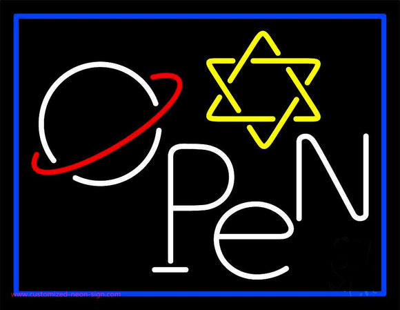 Open Psychic Blue Border Handmade Art Neon Sign