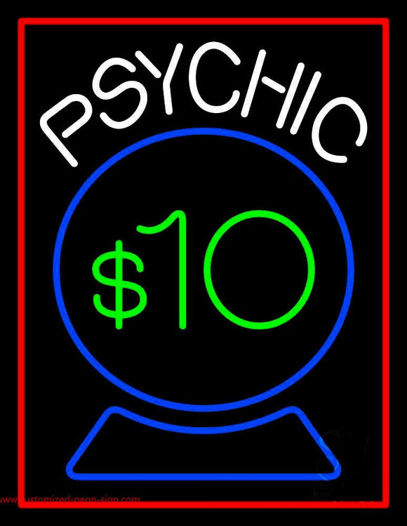 Psychic With Crystal Globe Red Border Handmade Art Neon Sign