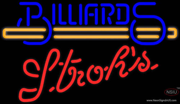 Strohs Billiards Text With Stick Pool Neon Sign  
